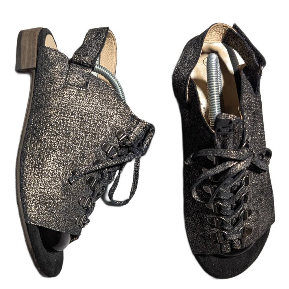Unity in Diversity Black Metallic Leather Lace-Up Slingback Sandals EU 38 US 7.5